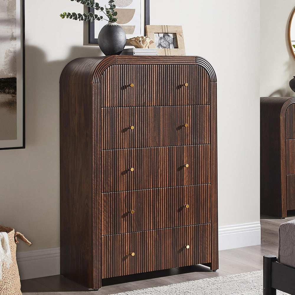 T4TREAM Fluted 48" Tall 5 Drawer Dresser for Bedroom, Dark Walnut