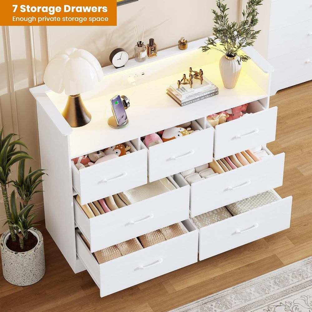 Garvee 7 Drawer Dresser with LED Light and Charging Station, White