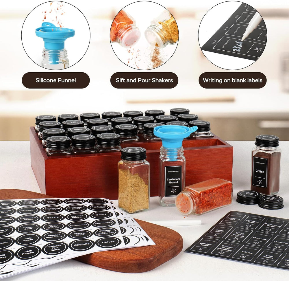 Bamboo Spice Rack Organizer with 28 Glass Spice Jars 4 oz Set Cherry Stain