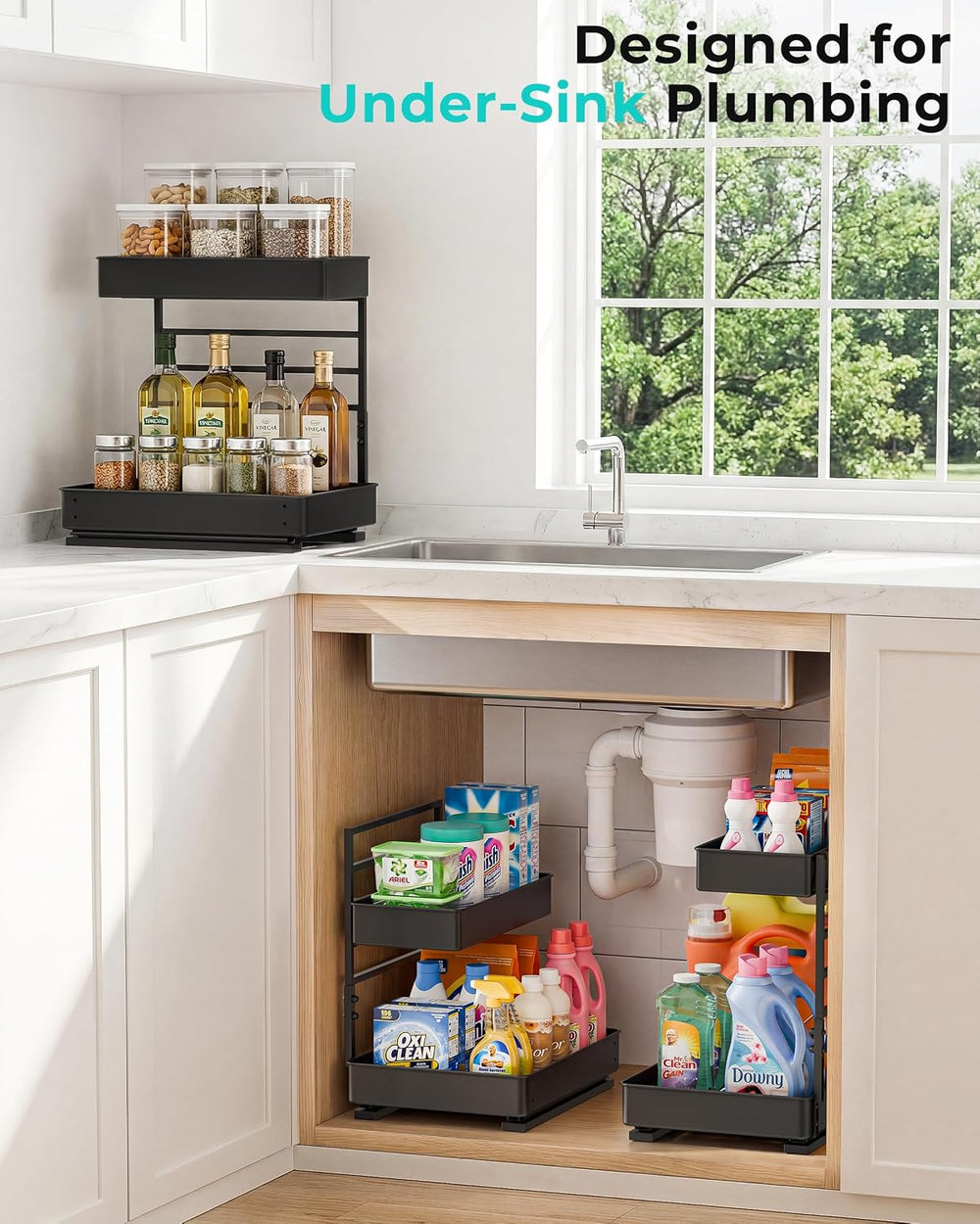 EVERIE Under Sink Organizer, Adjustable Pull Out Rack for Tall Bottles