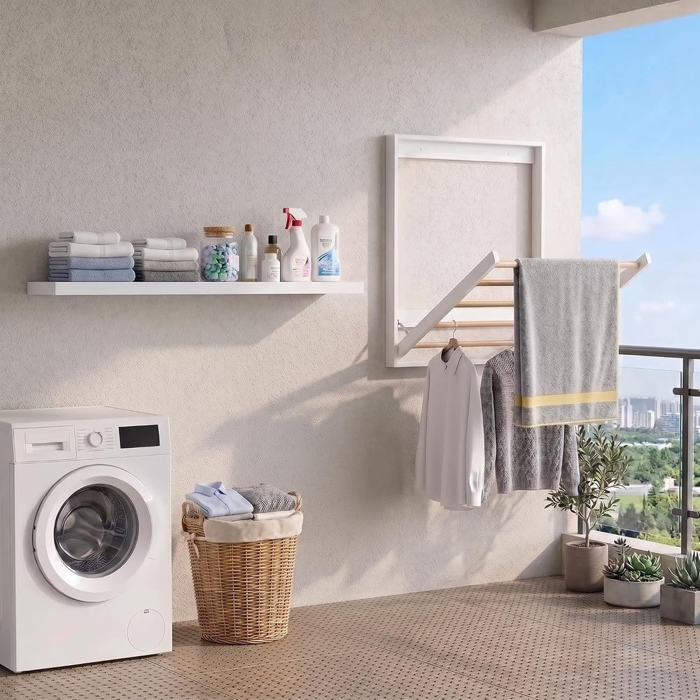 Wooden Wall Mounted Clothes Drying Rack, Foldable Laundry Rack
