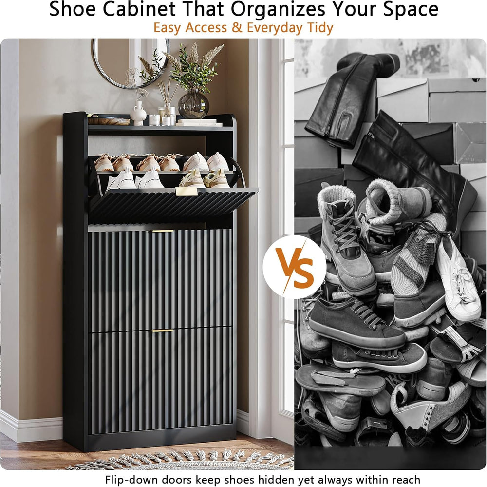 Black Fluted Slim Shoe Cabinet Storage with 3 Flip Drawers for Entryway