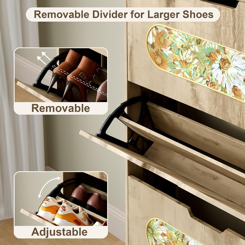 Shoe Cabinet with 3 Flip Drawers and Floral Fabric Panels, Light Oak