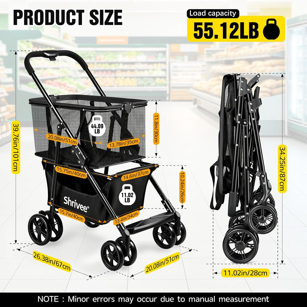 2 Tier Folding Shopping Cart with Removable Mesh Basket, Black
