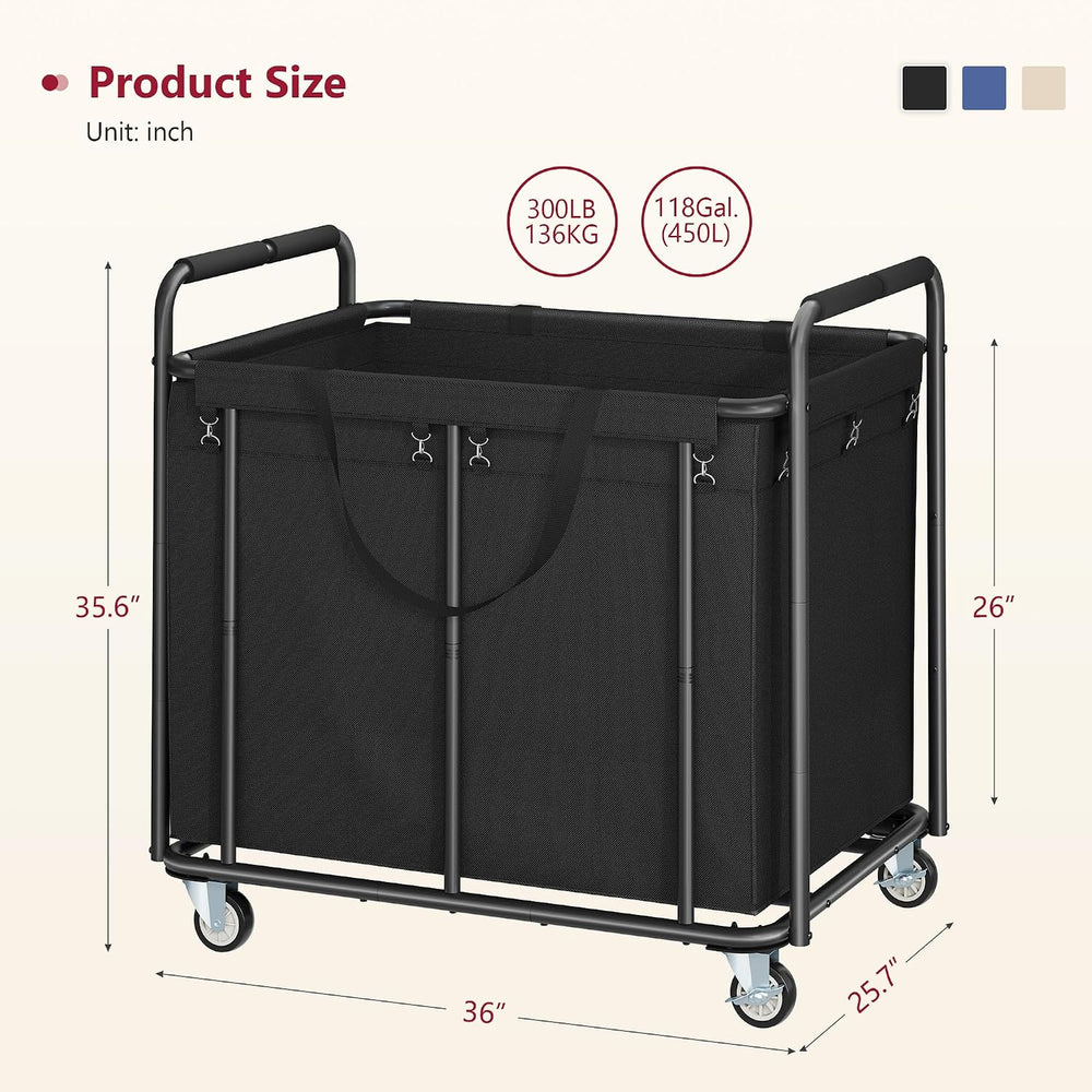 Tajsoon Large Laundry Cart with Wheels 450L, Rolling Laundry Hamper, Black