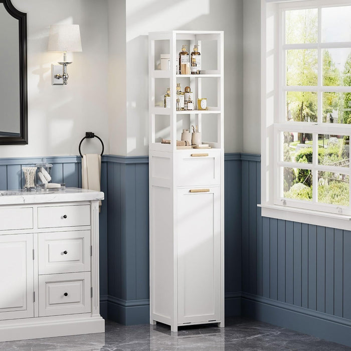 VECELO Tall Bathroom Cabinet with Removable Laundry Hamper, Tilt Out Laundry Hamper Organizer with 1 Drawer & 3 Open Shelves for Laundry Room, Bathroom, White