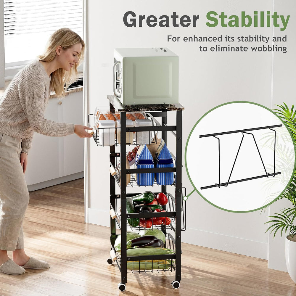 JAQ 5-Tier Fruit Vegetable Storage Cart with Wood Top, Rolling Kitchen Basket...
