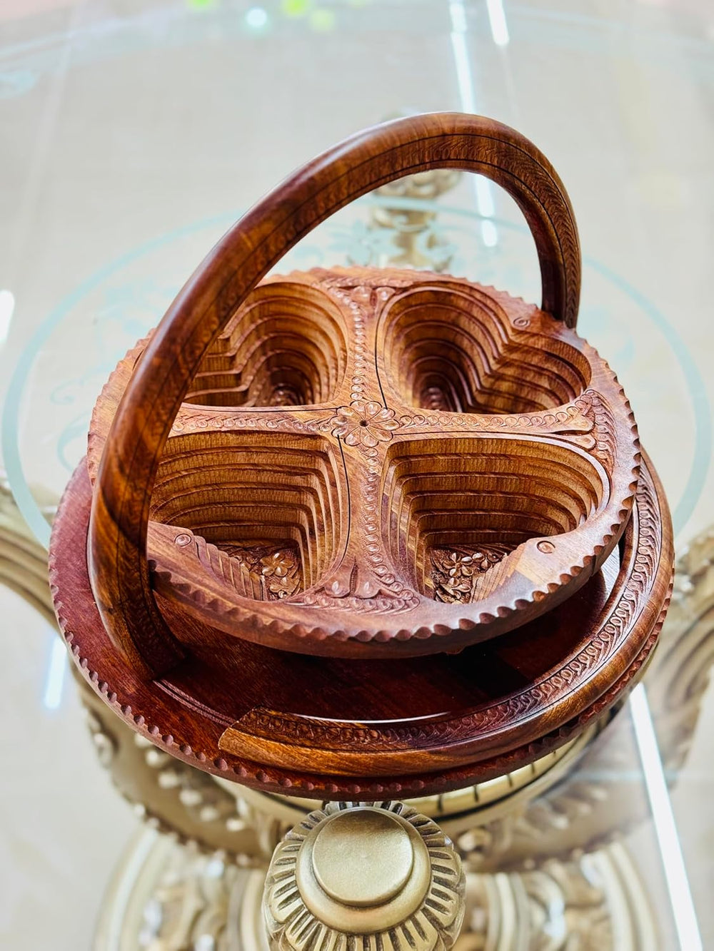 Handmade 14″ Collapsible Wooden Basket, 4-Compartment Heart Design in Himalay...