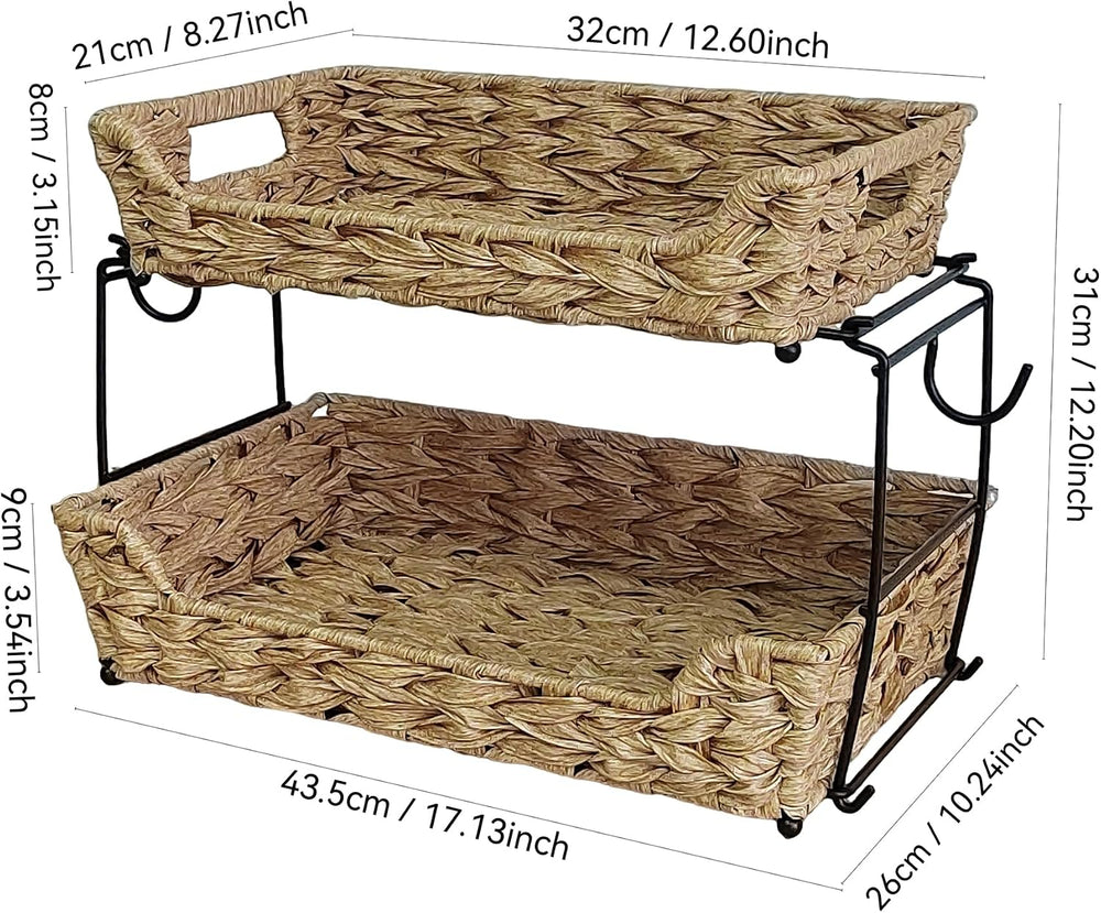 2-Tier Round Faux Rattan Wicker Storage Basket with Metal Frame, Countertop O...
