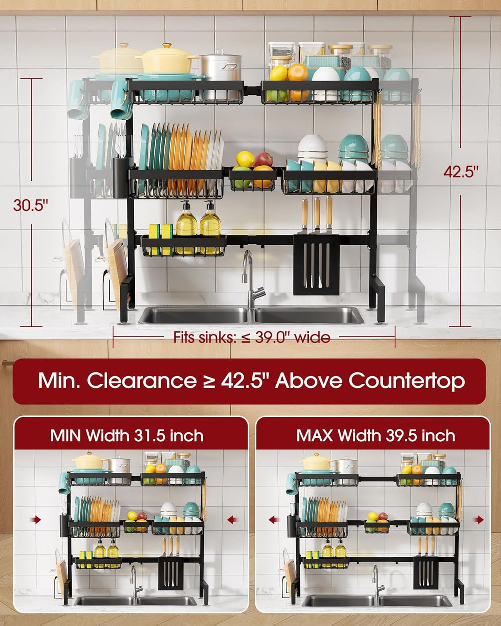 Sakugi Over The Sink Dish Drying Rack - Adjustable 3 Tier XX-Large Capacity S...