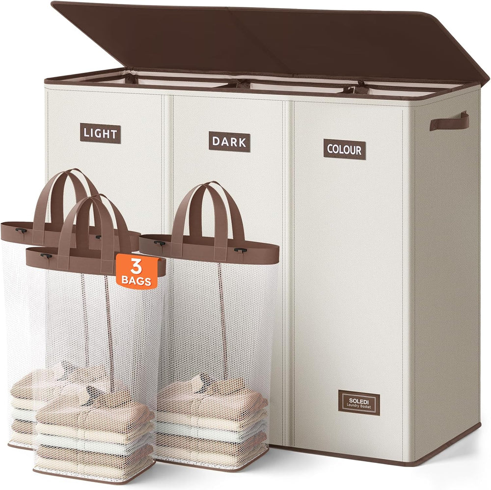 SOLEDI 200L 3-Section Laundry Hamper with Lid, Extra Large Dirty Clothes Bask...