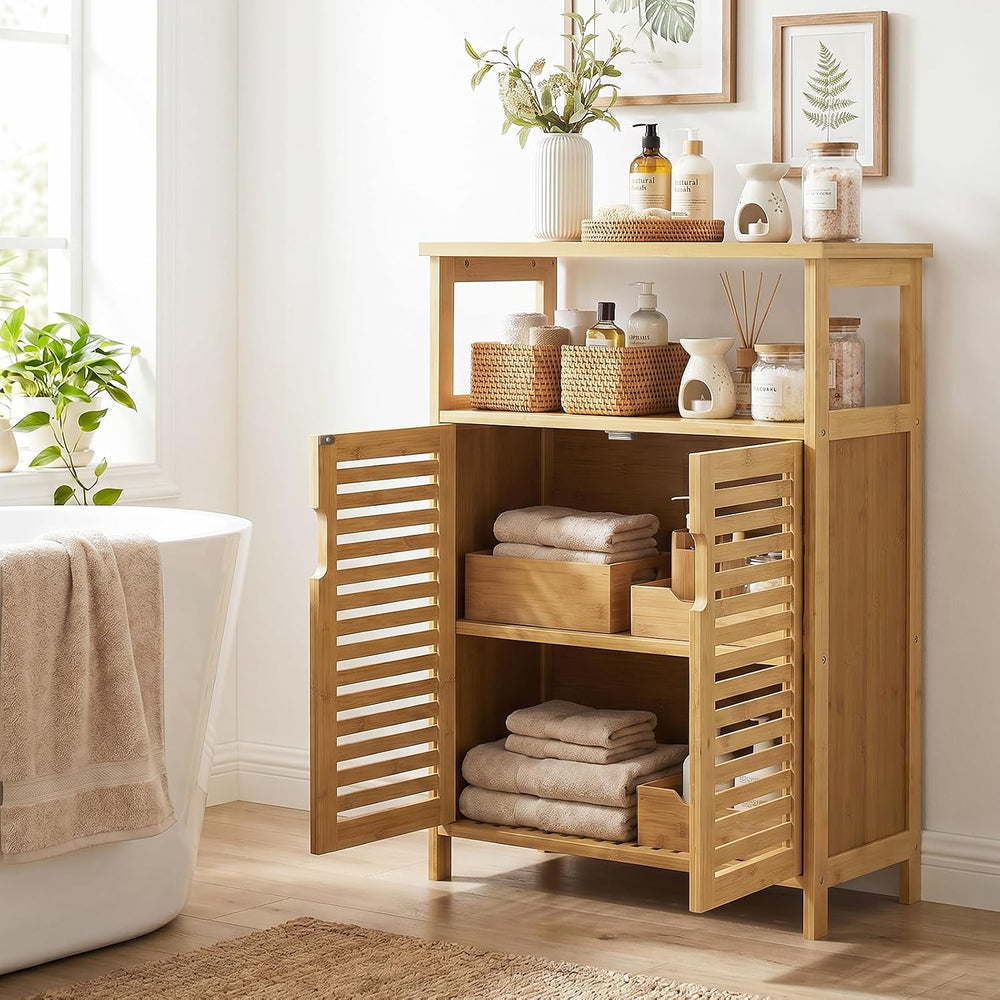 Bamboo Freestanding Bathroom Floor Storage Cabinet with Doors & Shelf