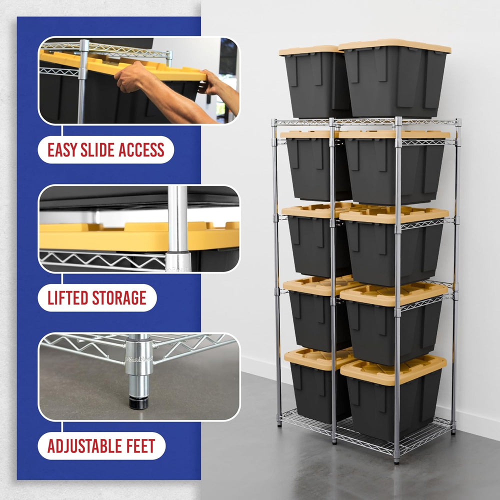 SafeRacks 12 Gallon Tote Storage Rack with 10 Bins and Lids, 5-Tier, Silver