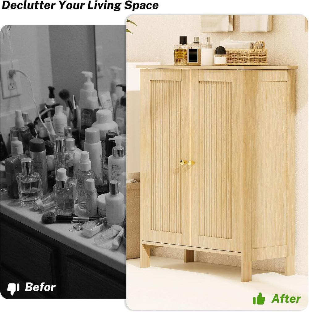 Fluted Bathroom Storage Cabinet with 2 Doors & Shelf, Natural
