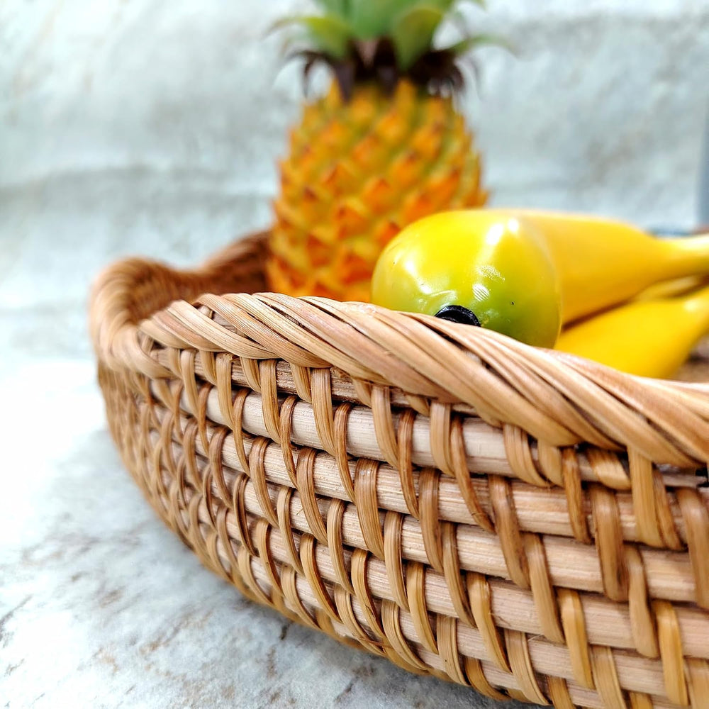 Large 16" Handwoven Rattan Serving Tray & Fruit Basket, Natural Wick...