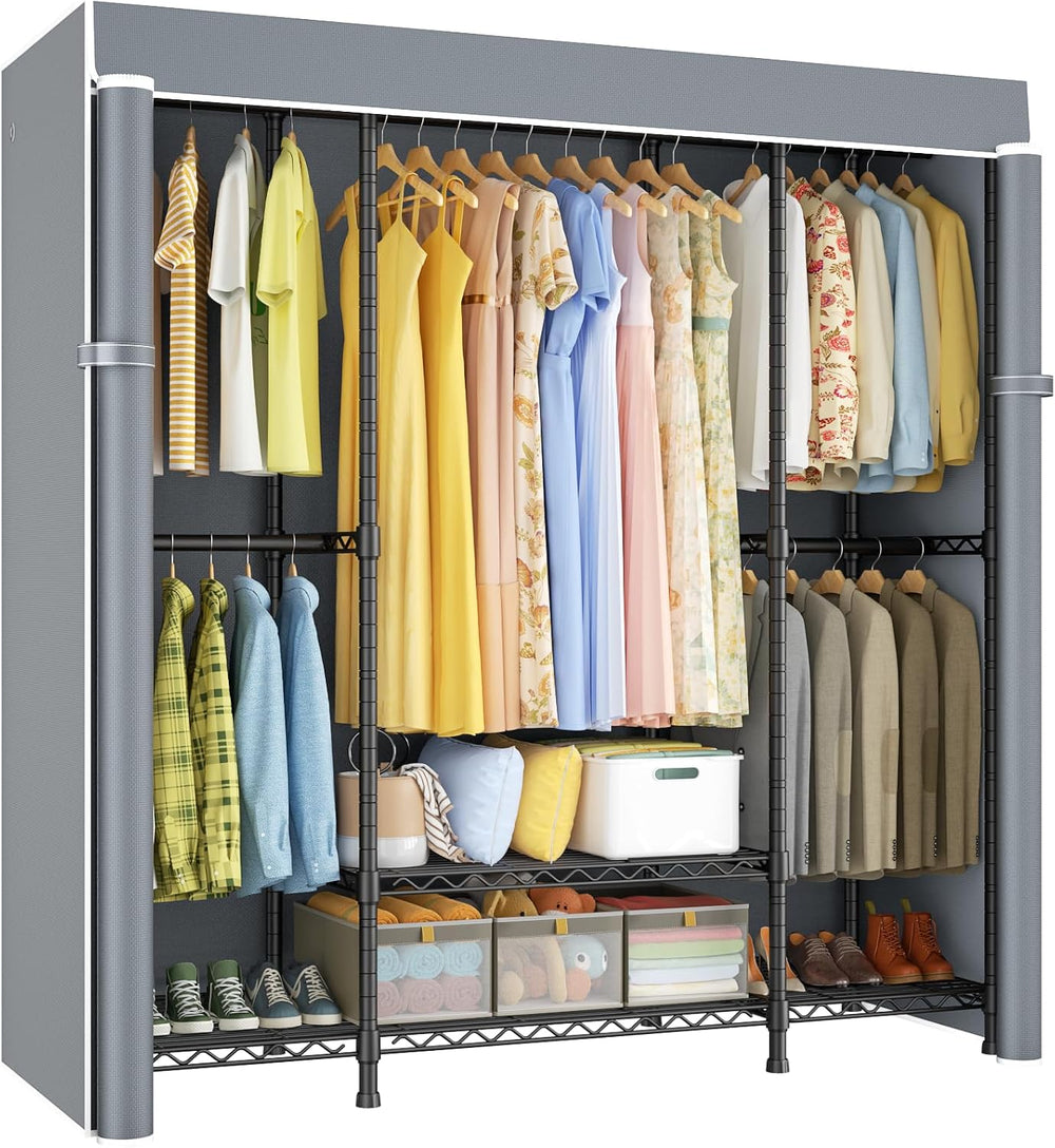 ULIFHOME E3C Black Clothes Rack with Gray Cover, Heavy Duty Garment Rack