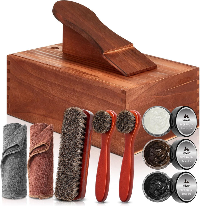 9 Pcs Shoe Shine Valet Box Including 1 Wooden Storage Box, 3 Colors Shoe Cream, 3 Big Brushes and 2 Towels