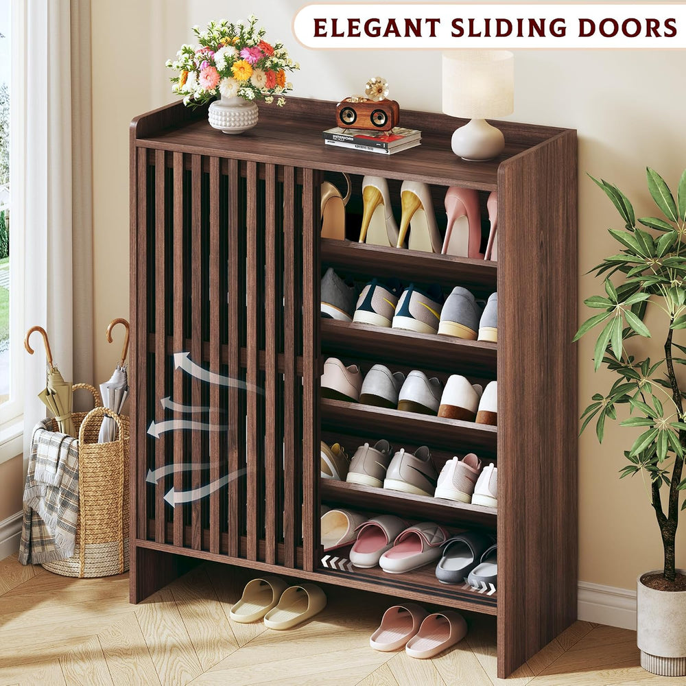 HUAHUU Shoe Cabinet with Sliding Slatted Doors, 5-Tier Shoe Storage Cabinet w...