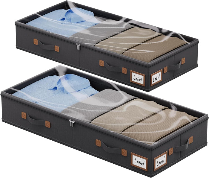 FHSQX Under Bed Storage Container 2Pack 4.5 Inches Low Profile Under-bed Organizer Bins Slim Under Couch Storage Box Ideal For Seasonal Clothes Blankets Towel Fabric (2, Black, 31.5 * 17 * 4.5in)