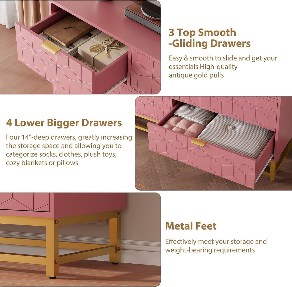 IDEALHOUSE Pink 7 Drawer Dresser for Bedroom, 53.5” Large Dresser with Metal ...