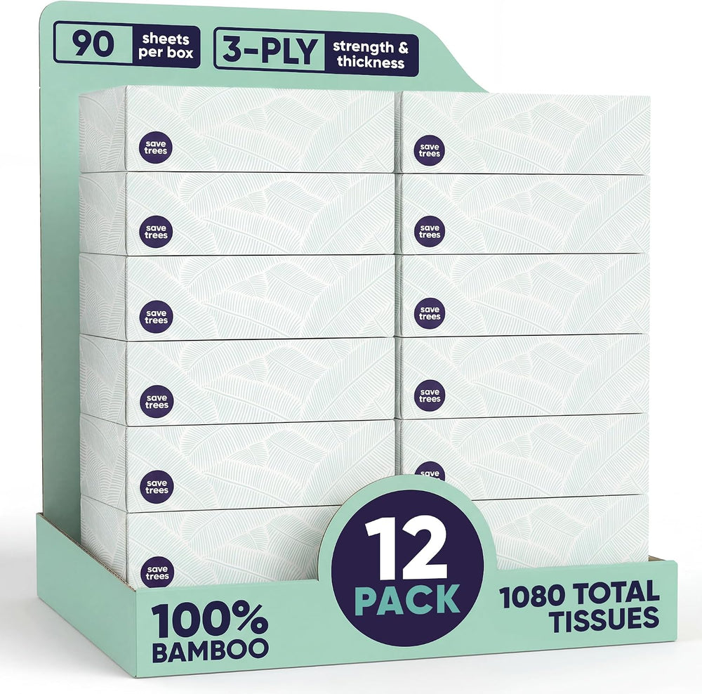 Save Trees Bamboo Facial Tissues - 12 Boxes of Eco-Friendly, 3-Ply Hypoallerg...