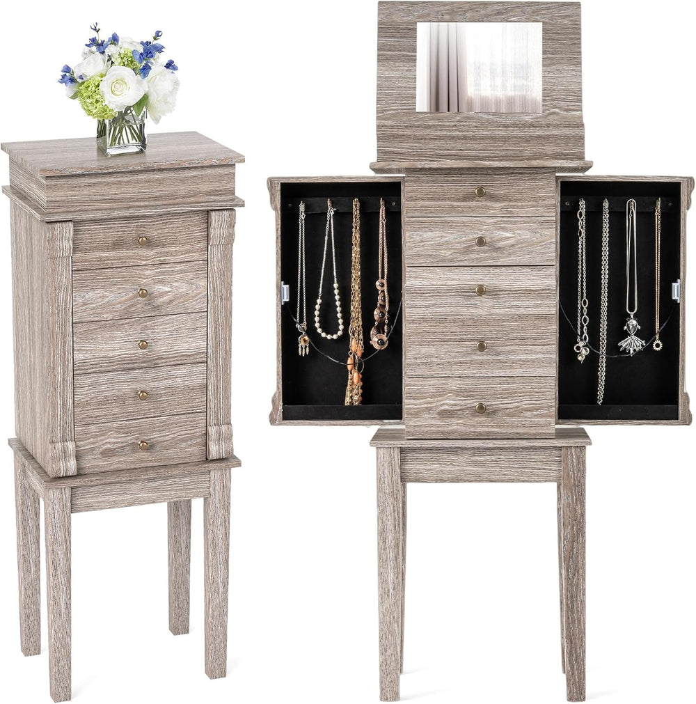 GIANTEX Standing Jewelry Cabinet, Flip Top Mirror, 5 Drawers & Swing Doors