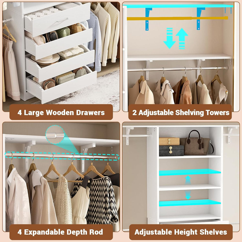 Aheaplus Closet System, Wood Closet Organizer System with Drawers, White