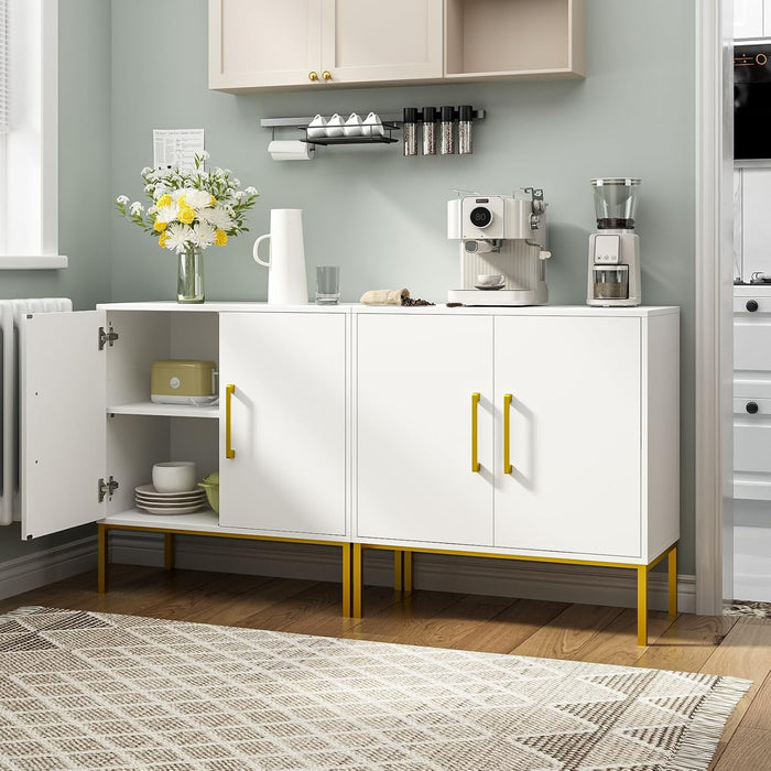 3 Set of Storage Buffet Cabinet with Gold Handles and Metal Legs, White丨Freestanding Sideboard, Modern Wooden Side Cabinets for Bedroom, Living Room, Kitchen, Office and Hallway