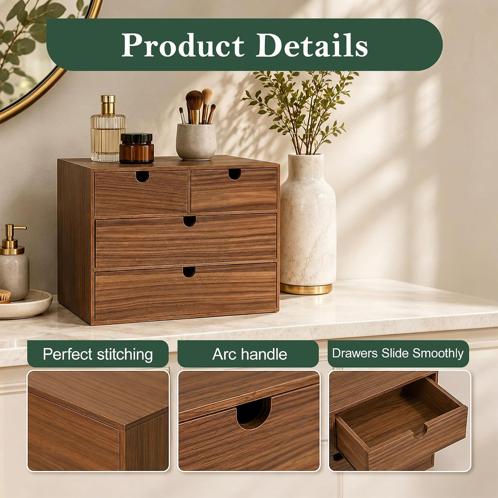 3-Tier Wooden Desk Organizer with 4 Drawers, Walnut Finish