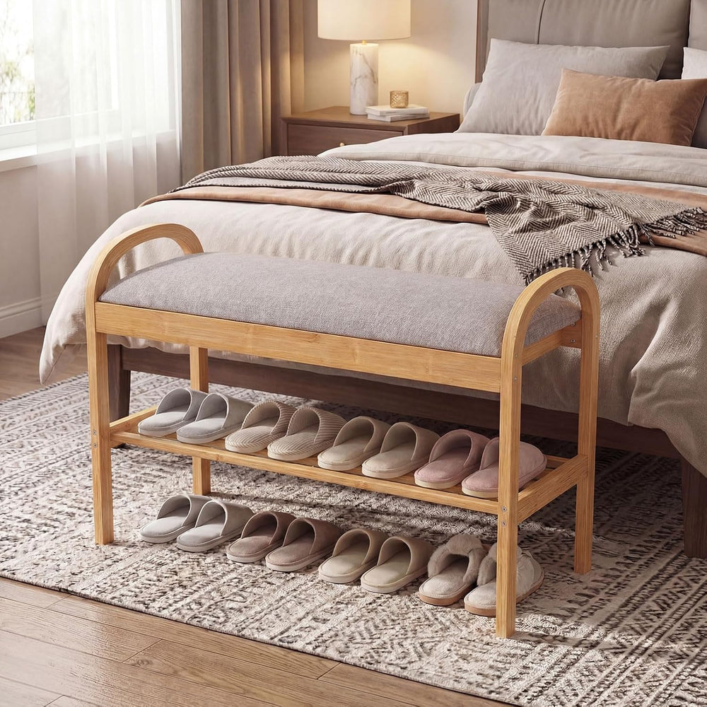 GOFLAME Bamboo Shoe Rack Bench with Storage, 2-Tier Entryway Bench with Flip ...