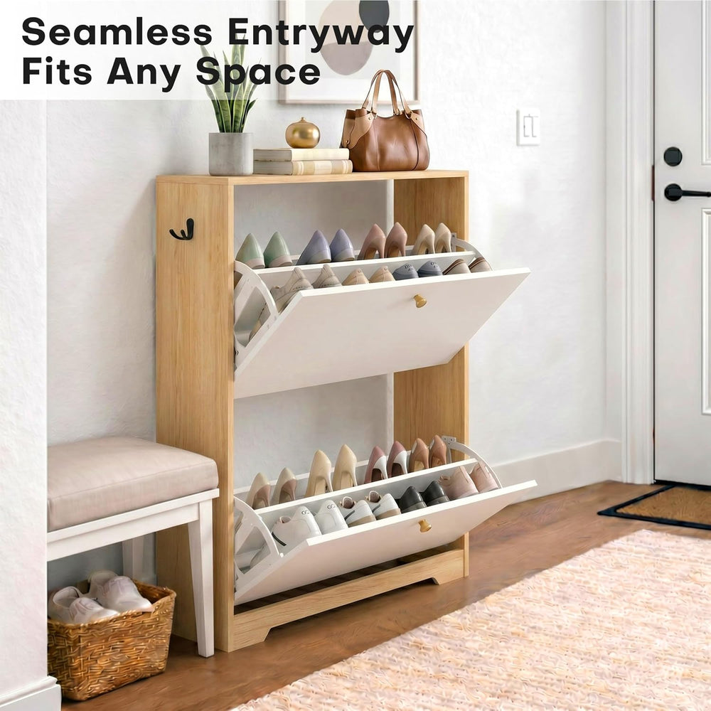 Nicetree Shoe Storage Cabinet with 2 Flip Drawers, Natural Oak and White