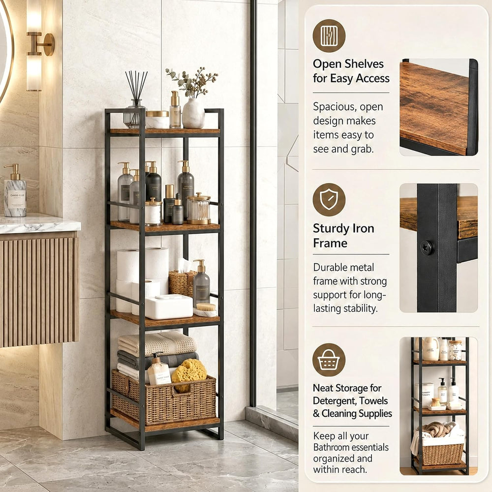 BYFU 4 Tier Bathroom Storage Open Shelf Rustic Brown Metal Corner Rack