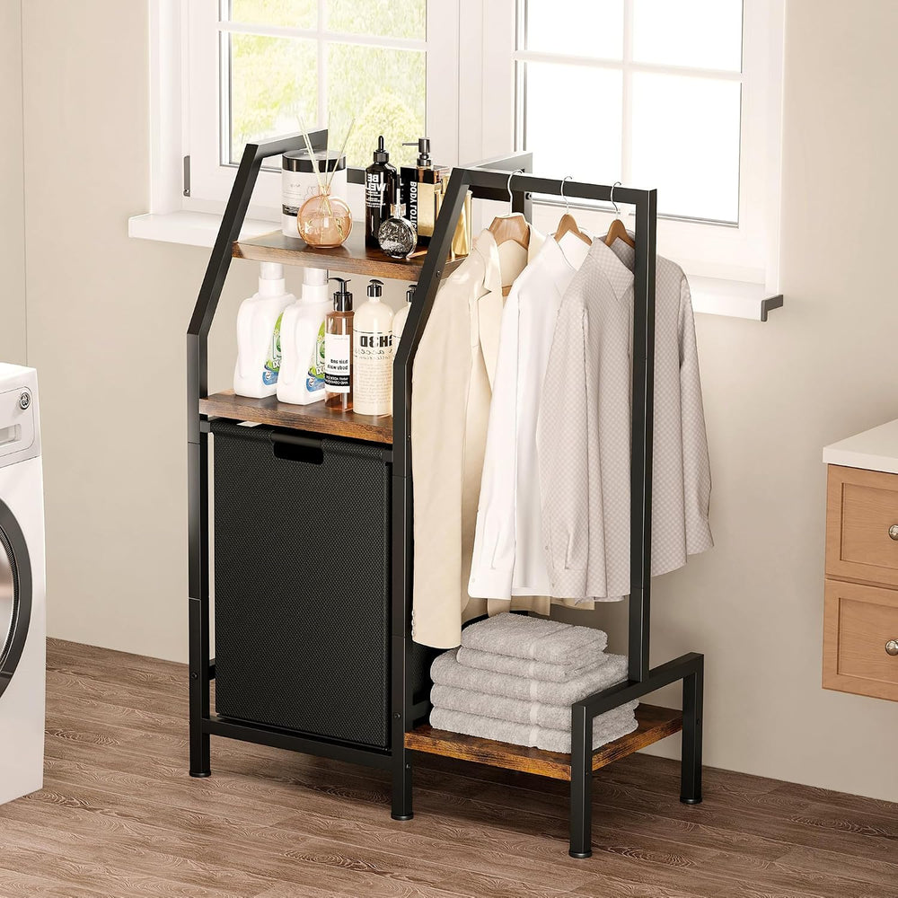 Laundry Hamper with Hanging Rack and 3 Shelves, Large Laundry Storage Basket,...