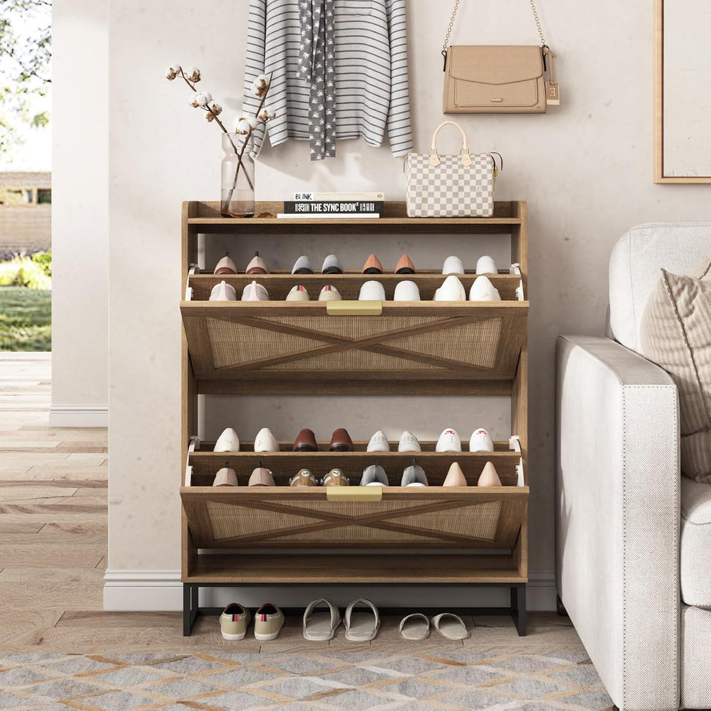 Maupvit Shoe Storage Cabinet with 2 Rattan Flip Drawers, Freestanding Organiz...