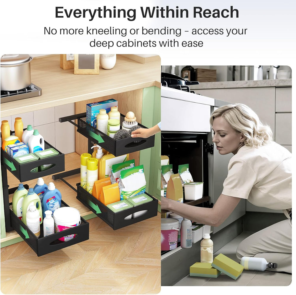 Under Sink Organizer, 2 Pack 2 Tier Pull out Cabinet Organizer Baskets with M...