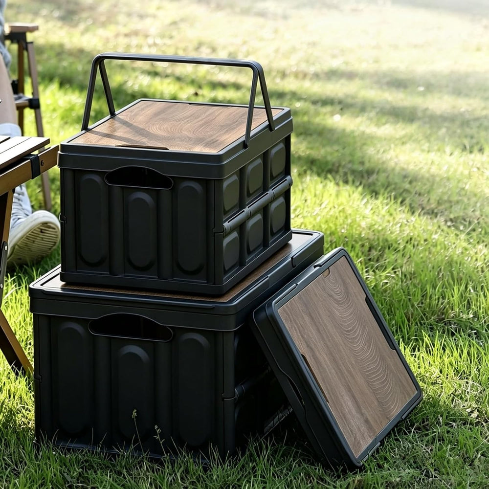 Collapsible Storage Bin with Wood Lid, Stackable Camping Storage Box for Car ...