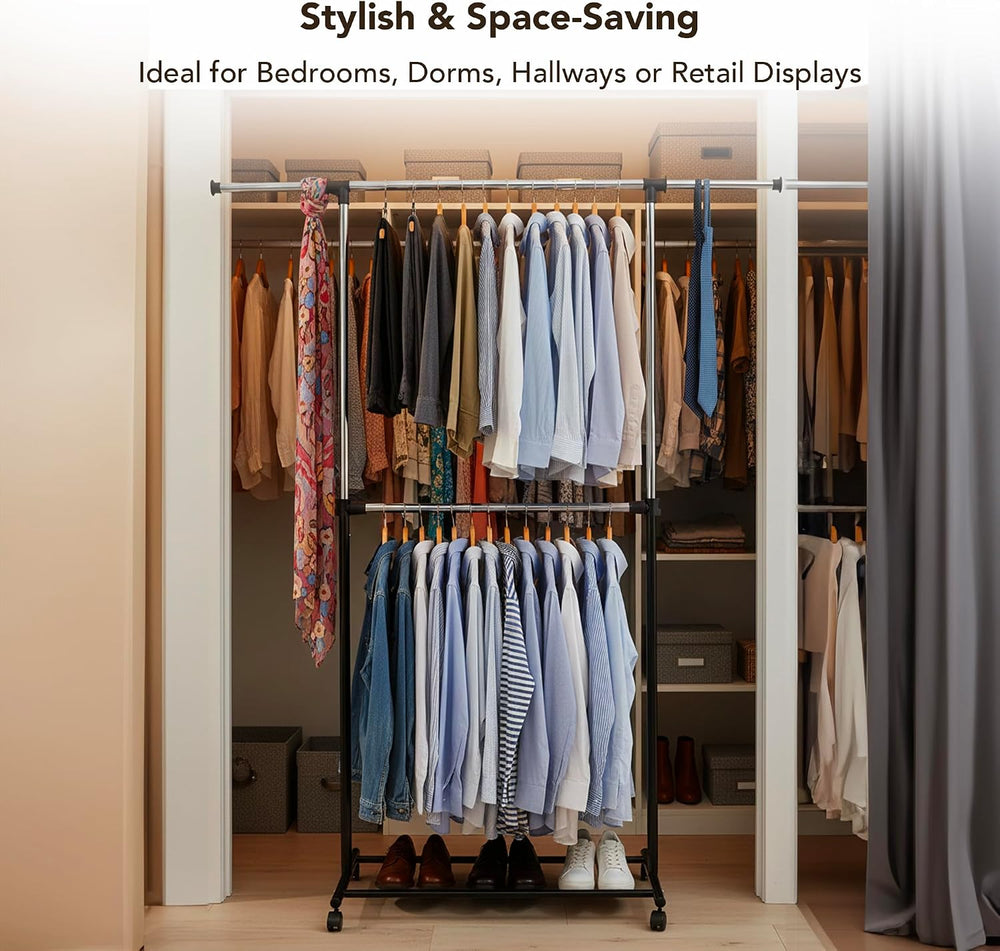 Displays By Jack Double Rail Clothes Rack, Adjustable Rolling Garment Rack on...