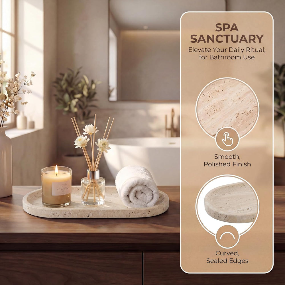 YKAJO Natural Travertine Beige Oval Marble Tray, 11.8x5.9 Vanity Organizer