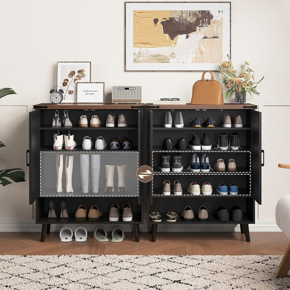 Vabches 34" Tall Farmhouse Shoe Storage Cabinet with Barn Doors, Black