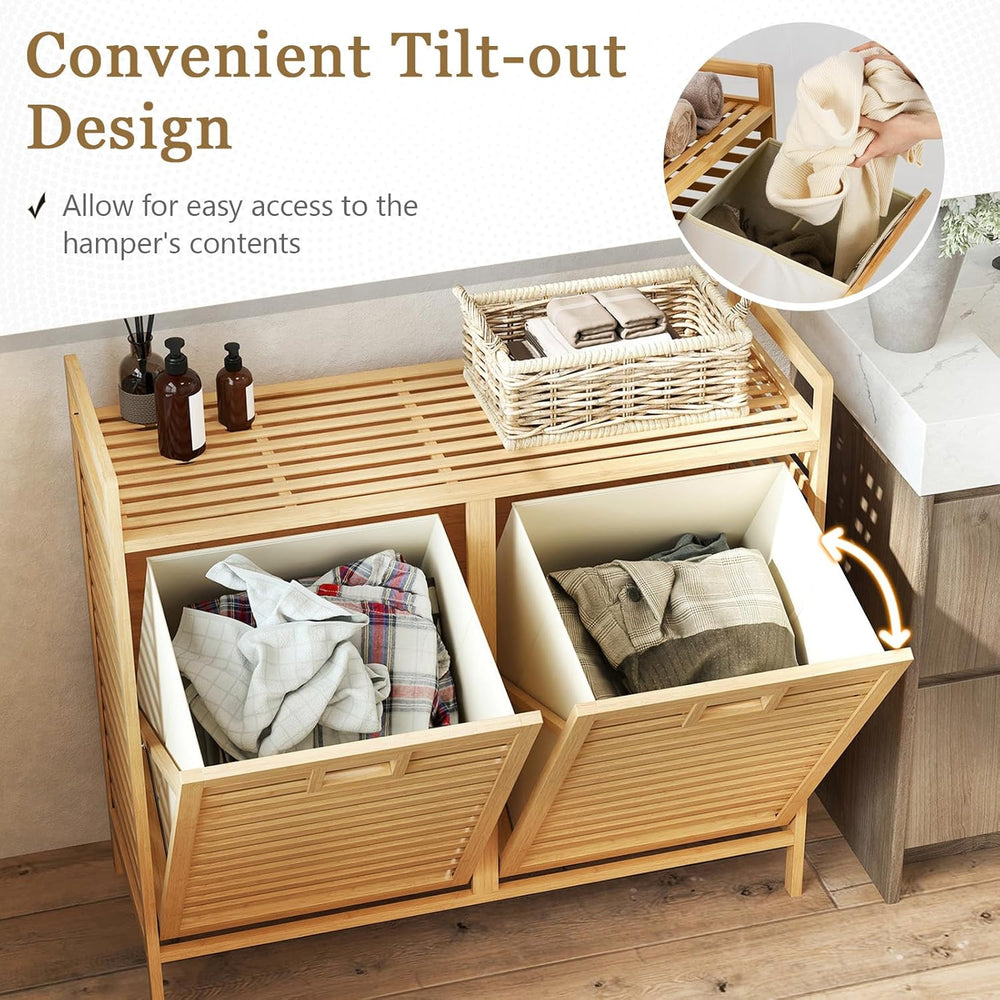 GOFLAME Double Tilt Out Laundry Hamper, Bamboo Laundry Basket Organizer with ...
