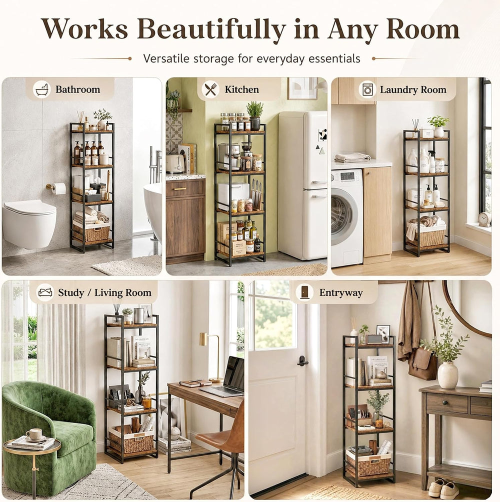 BYFU 4 Tier Bathroom Storage Open Shelf Rustic Brown Metal Corner Rack