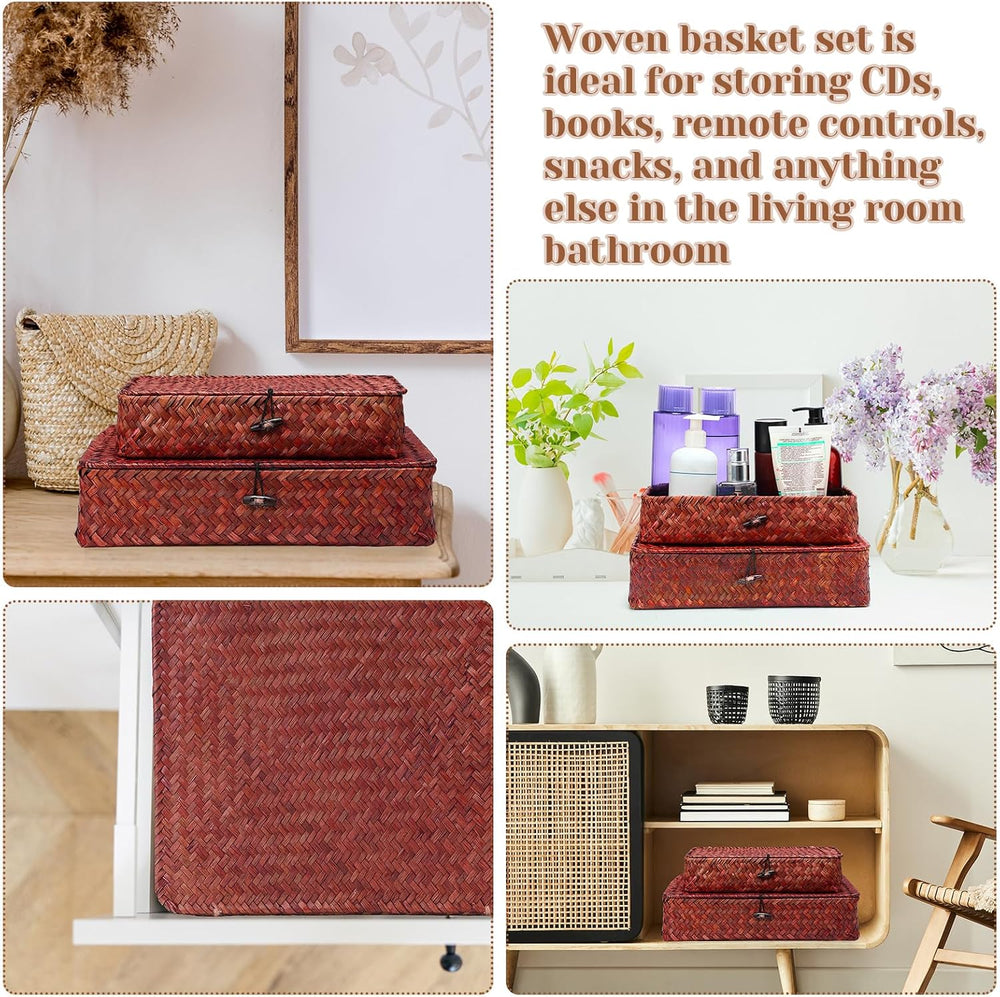 Didaey Set of 4 Seagrass Basket with Lid Wicker Storage Basket Decorative Sto...