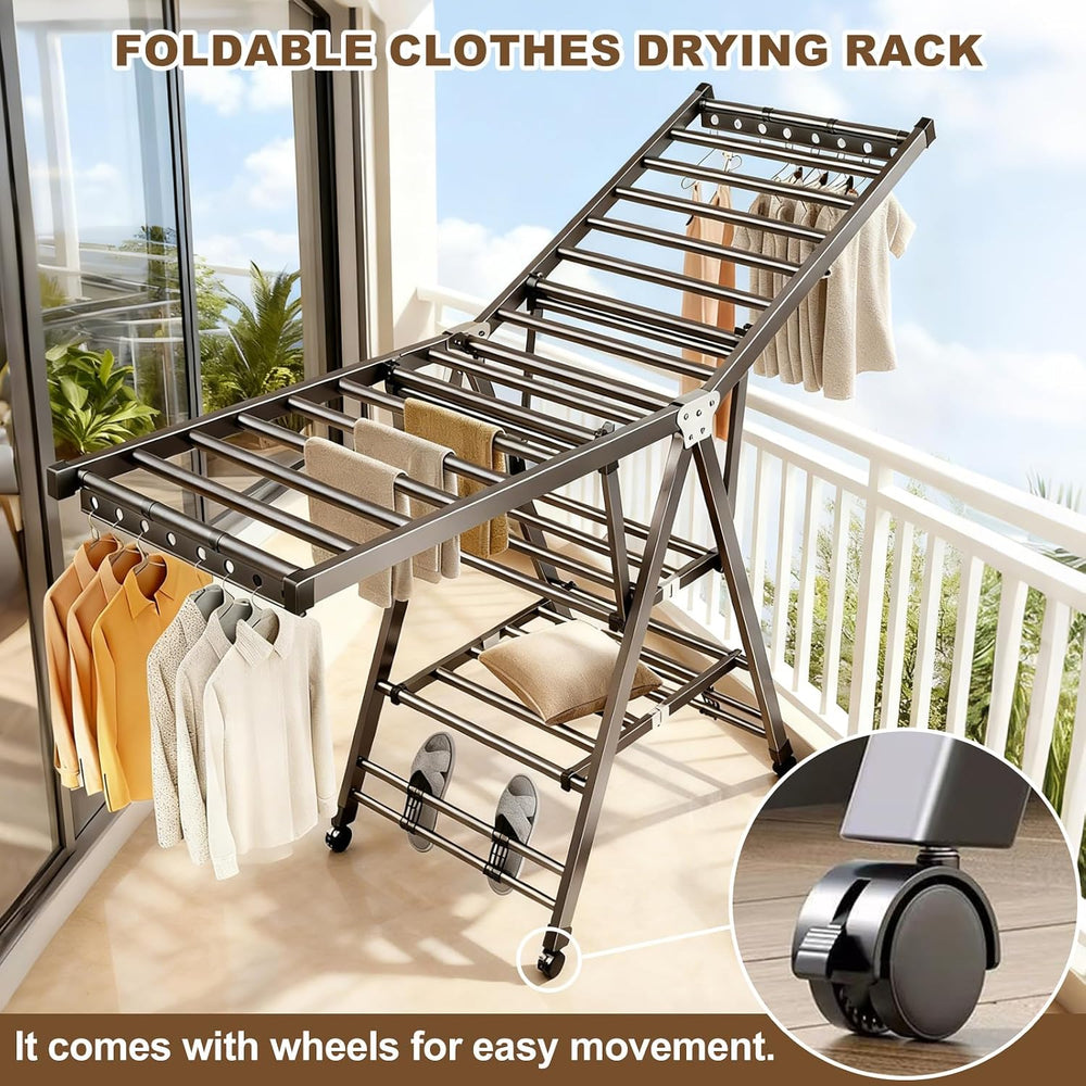 Heavy Duty 3-Tier Clothes Drying Rack with Wheels, Large 5.9ft