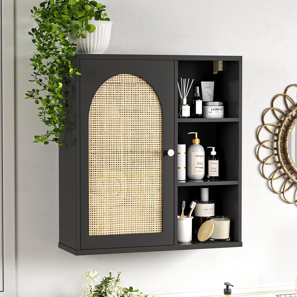 Rattan Bathroom Wall Cabinet, Boho Medicine Wall Cabinets with Door and Adjus...