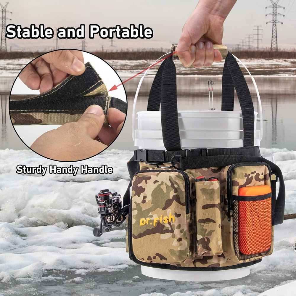 Dr.Fish 5gal Bucket Organizer, Ice Fishing Tackle Bag 6 Pocket Rod Holders