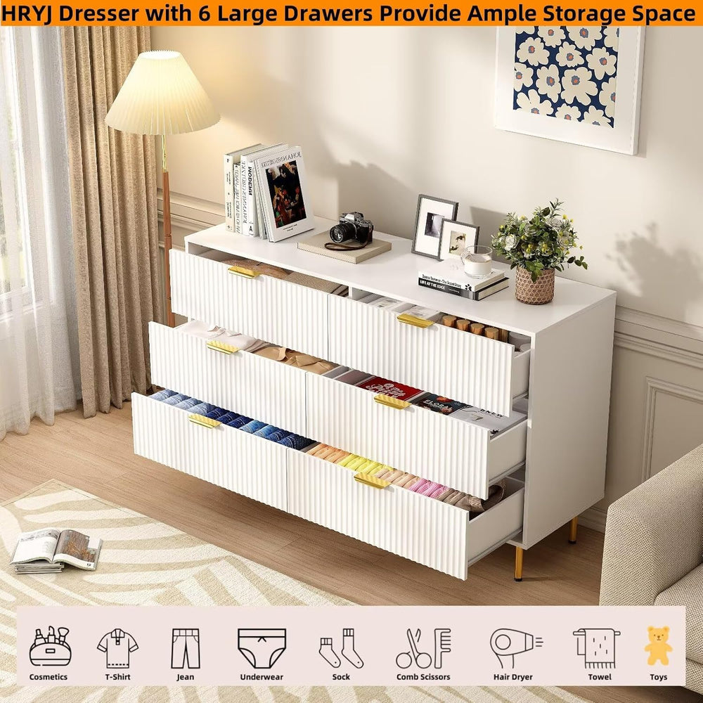 56" Wide Modern White Fluted 6 Drawers Dresser for Bedroom with Gold Handle