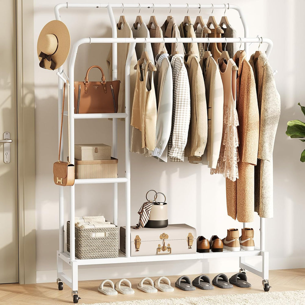 Yoobure Double Rods Clothes Rack - Portable Clothing Rack with Wheels, Rollin...