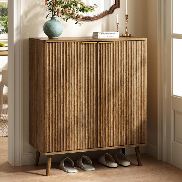 5-Tier Shoe Storage Cabinet with Adjustable Shelves, Natural Oak丨Fluted Shoe Cabinet with Doors, Wooden Freestanding Shoe Organizer Shoe Cabinet for Entryway, Hallway, Living Room