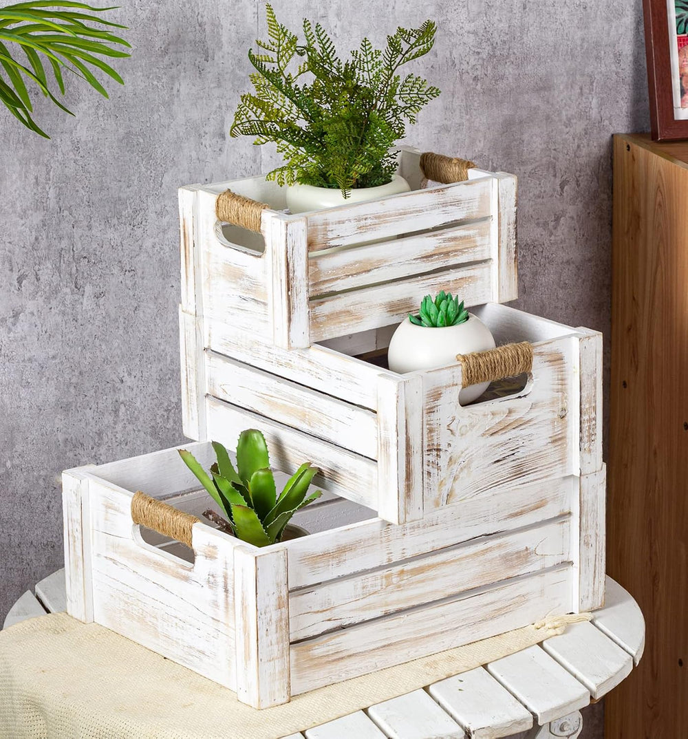 TIMRIS Set of 3 Rustic Wood Nesting Crates, Farmhouse Wooden Storage Containe...