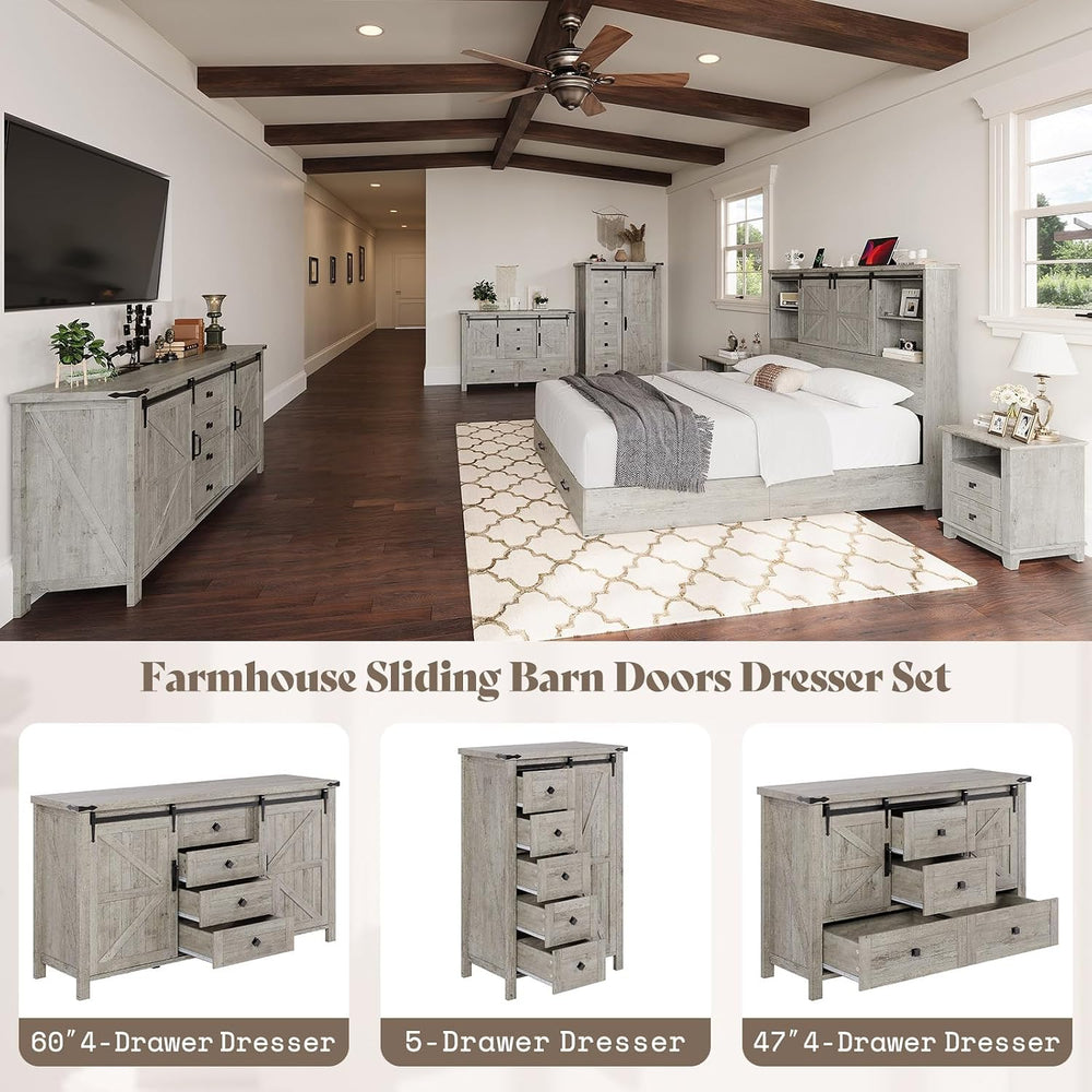 AMERLIFE 47" Farmhouse 4-Drawer Dresser with Barn Doors, Light Rustic Oak